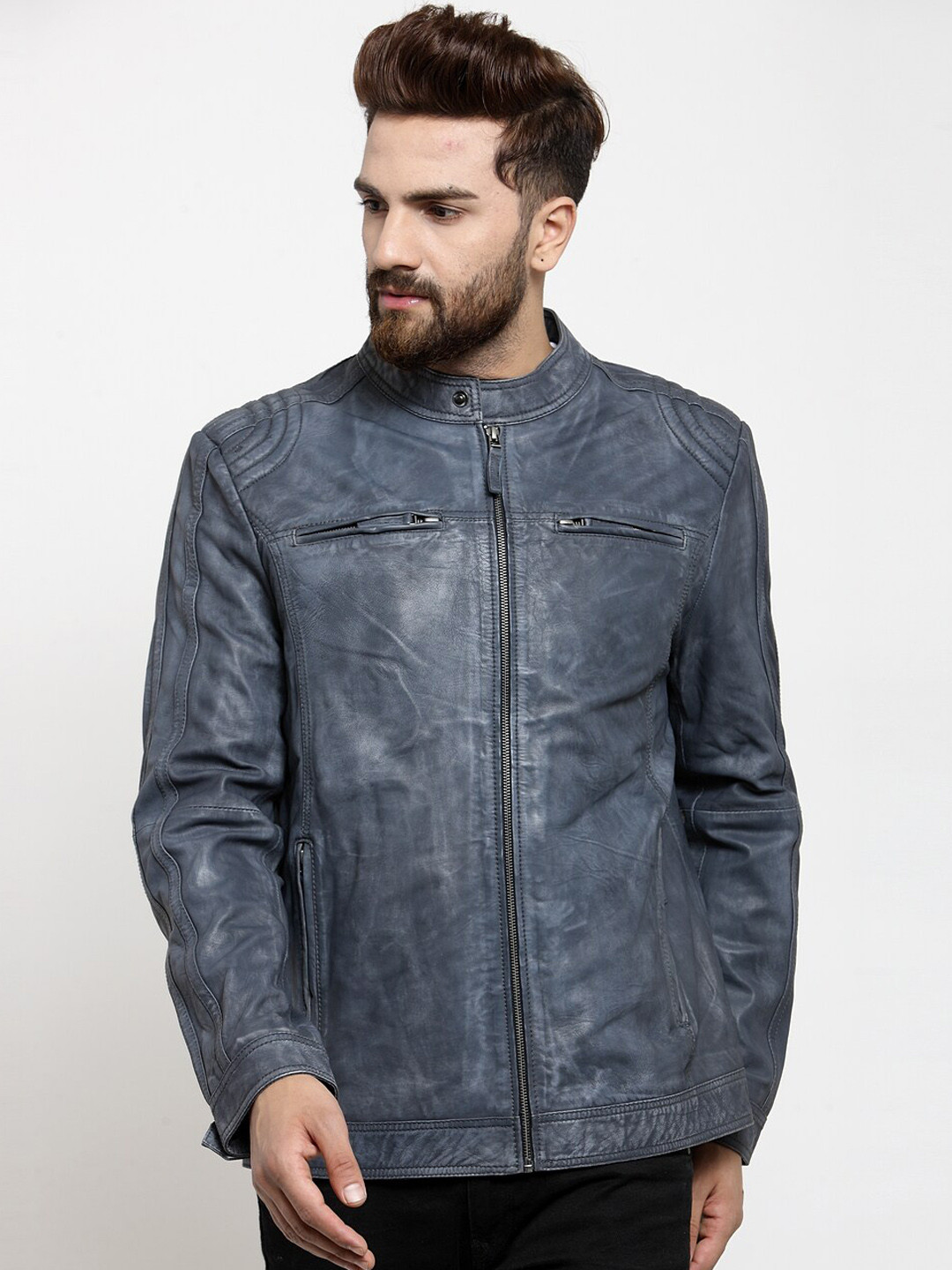 Teakwood Leathers Mandarin Collar Leather Jacket