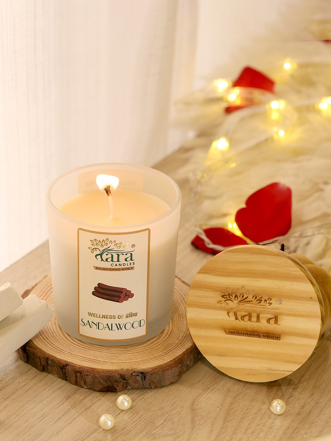 Tara Enlightening World Frosted Glass with Wooden Lid Lead-Free Wick Sandalwood Jar Candles