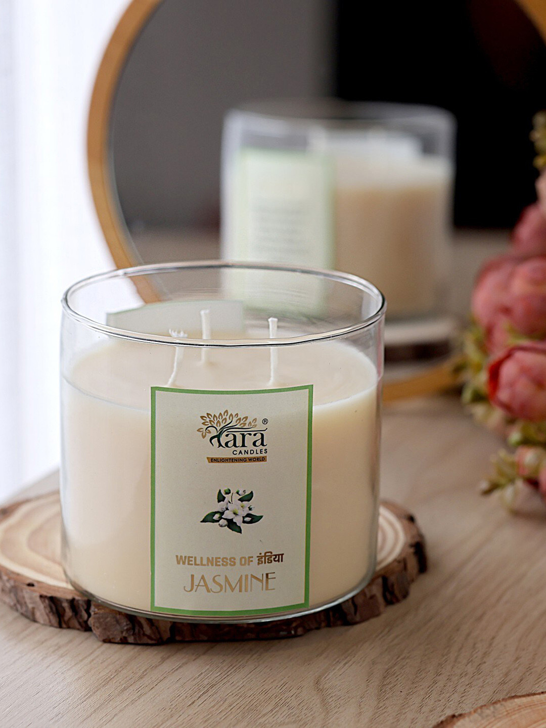 Tara Enlightening World Clear Glass with Chrome Finish Lid Lead-Free Wick 3 Wick Jasmine Jar Candles