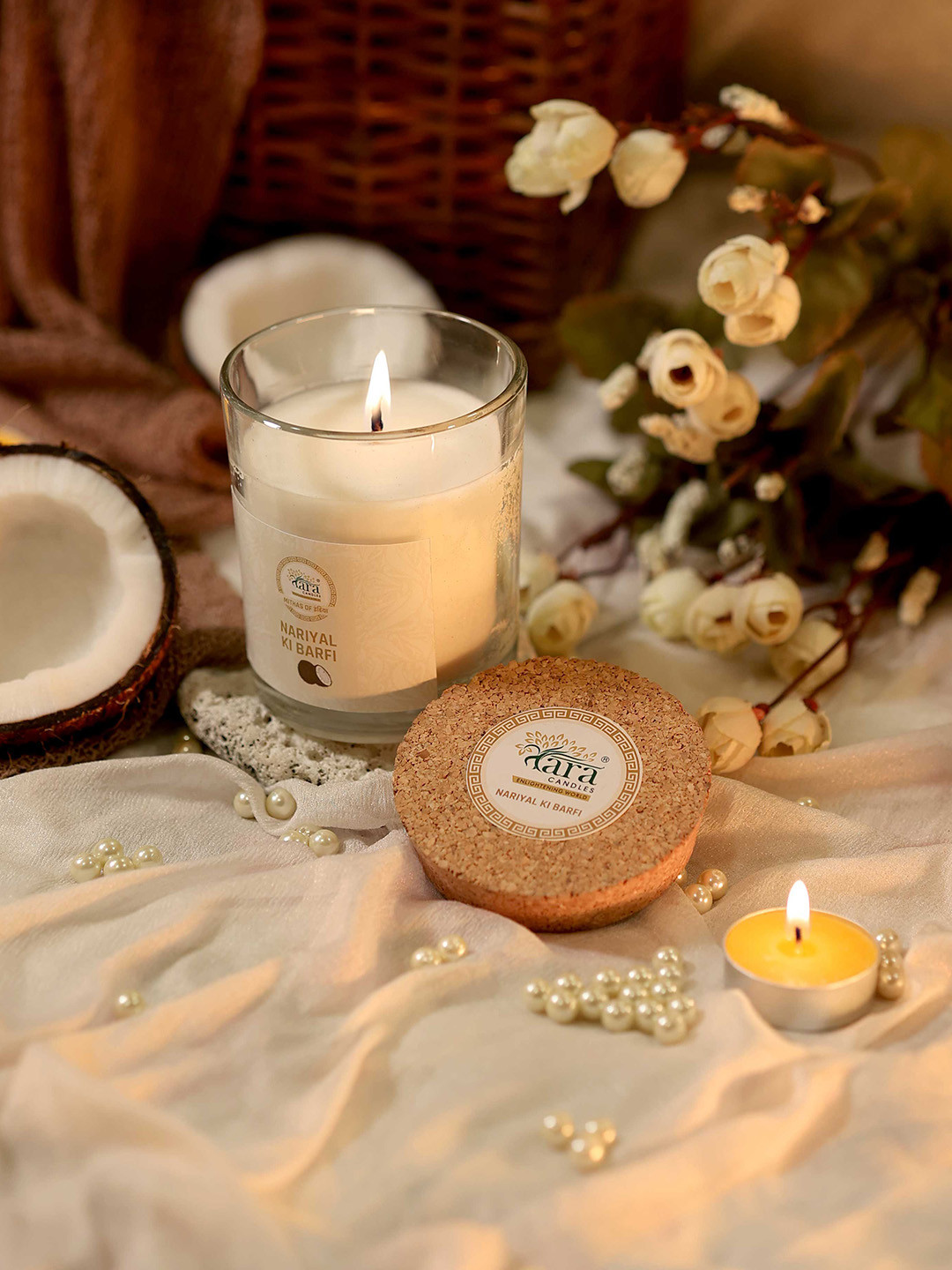 Tara Enlightening World Nariyal Ki Barfi Clear Glass with Cork Lid Solid Jar Candles