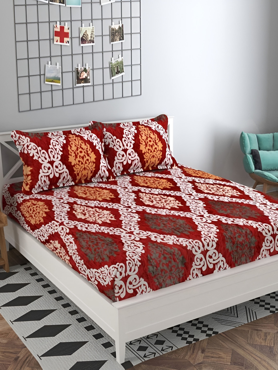 Temoli Zig-Zag Red Floral Wool 260 TC Fitted King Fine Bedsheet with 2 Pillow Covers-198 x 182 x 25 cm