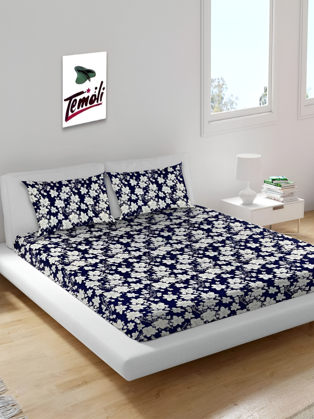 Temoli Blue Floral Wool 260 TC Fitted King Fine Bedsheet with 2 Pillow Covers-198 x 182 cm