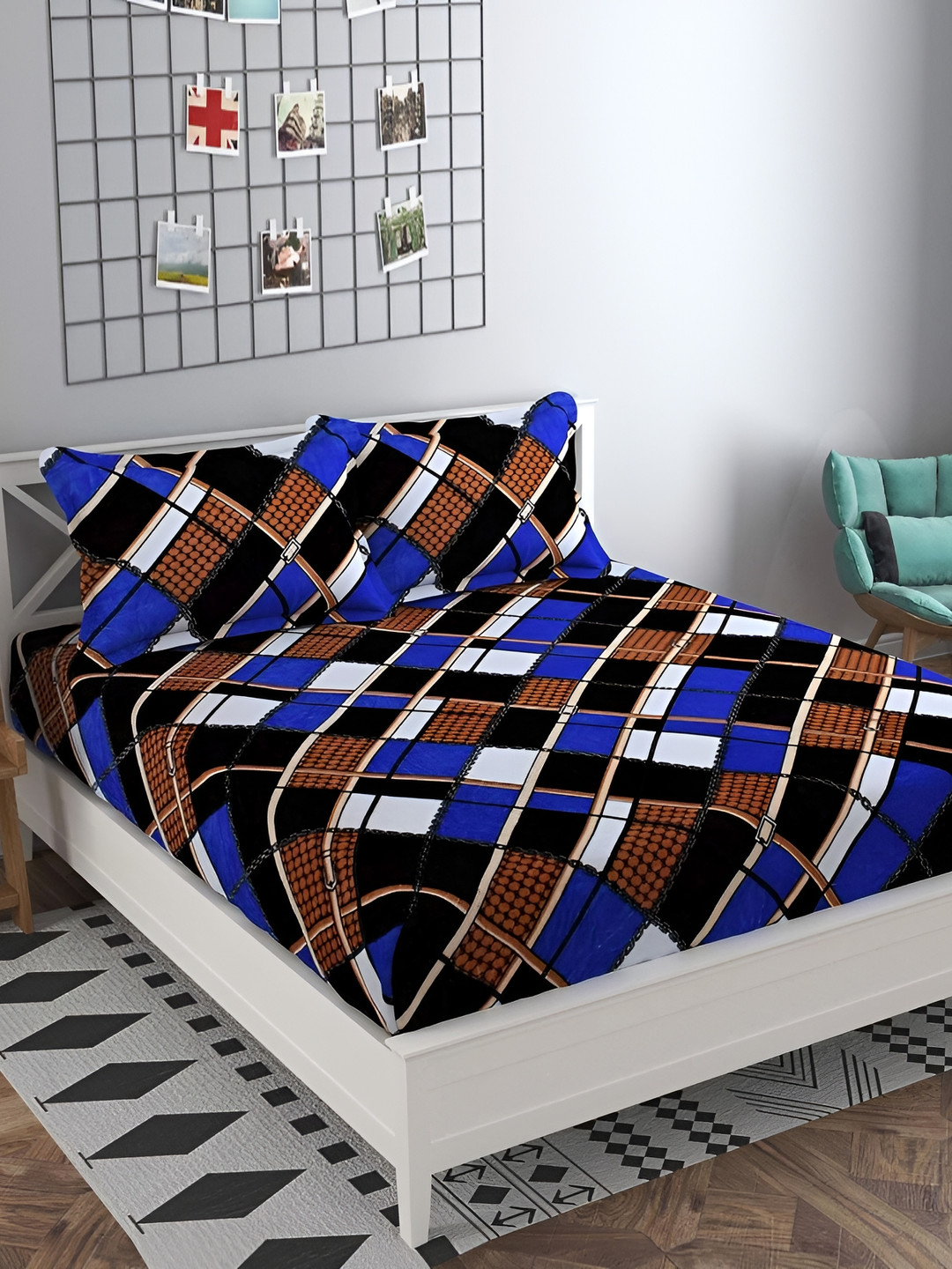 Temoli Boxes Blue Geometric Wool 260 TC Fitted King Fine Bedsheet with 2 Pillow Covers-78 x 72 inches