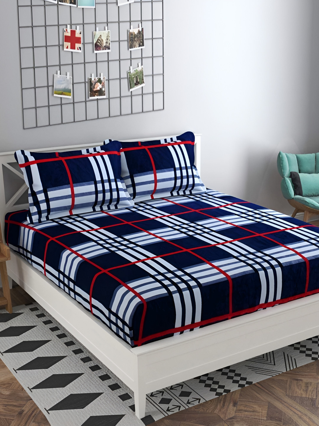 Temoli Lines-Blue White Geometric Wool 260 TC Fitted King Fine Bedsheet with 2 Pillow Covers-198 x 182 x 25 cm