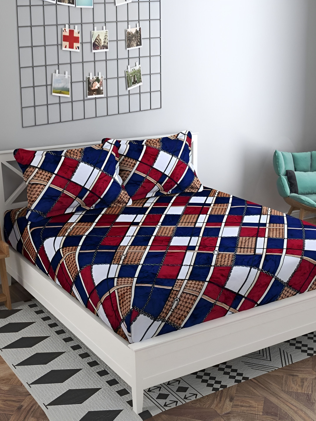 Temoli Blue Geometric Wool 260 TC Fitted Super King Fine Bedsheet with 2 Pillow Covers-78 x 72 inches