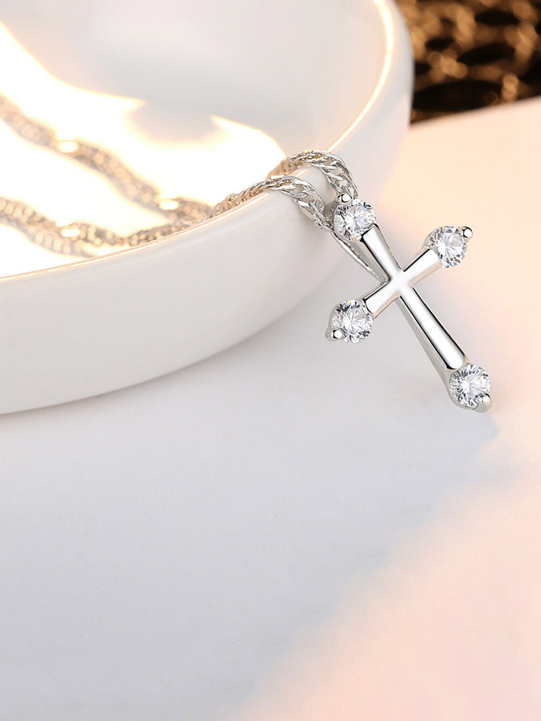 MYKI Silver-Plated CZ-Studded Charismatic Cross Pendant With Chain