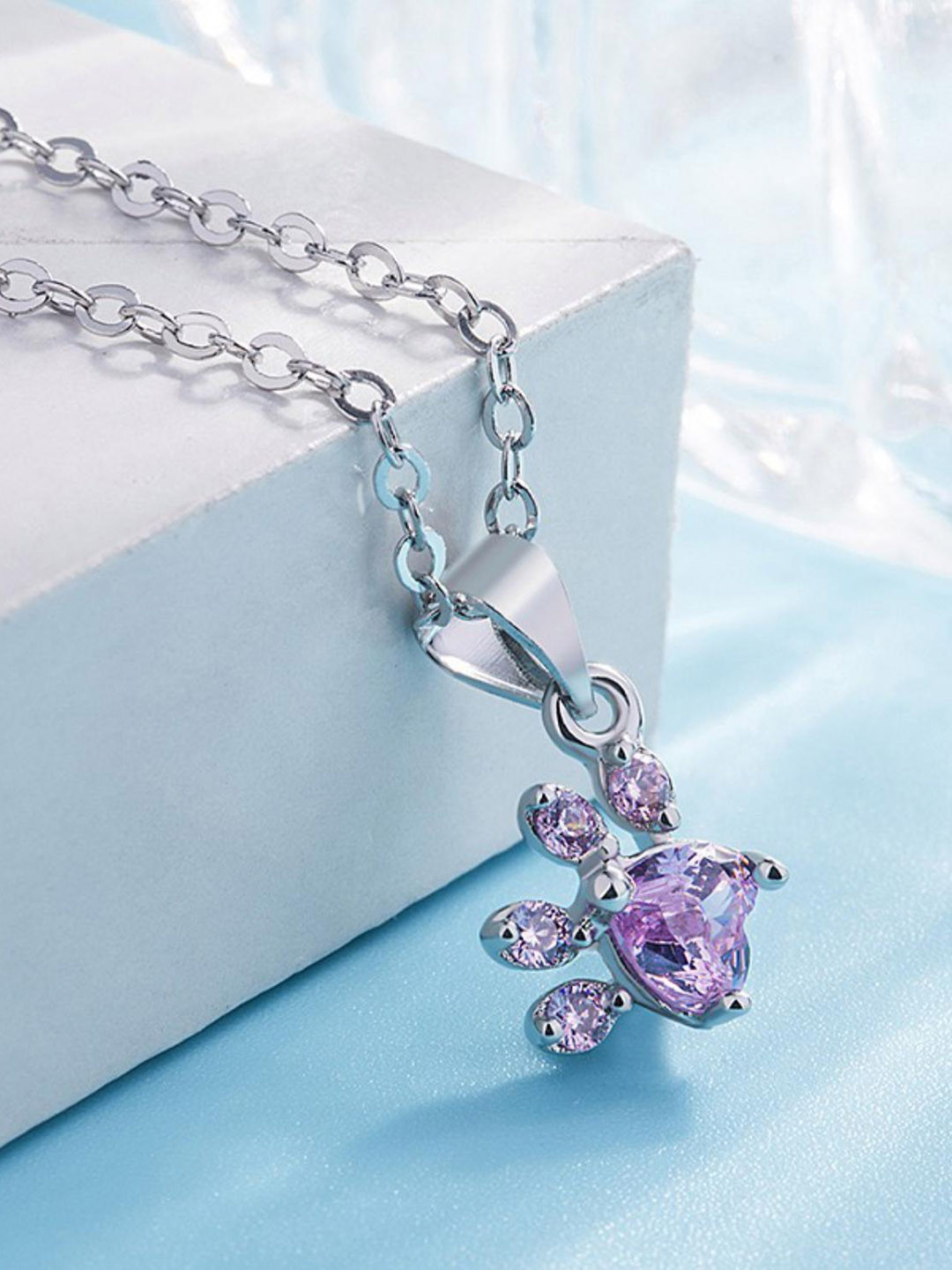 MYKI Silver-Plated CZ-Studded Paw Pendant With Chain