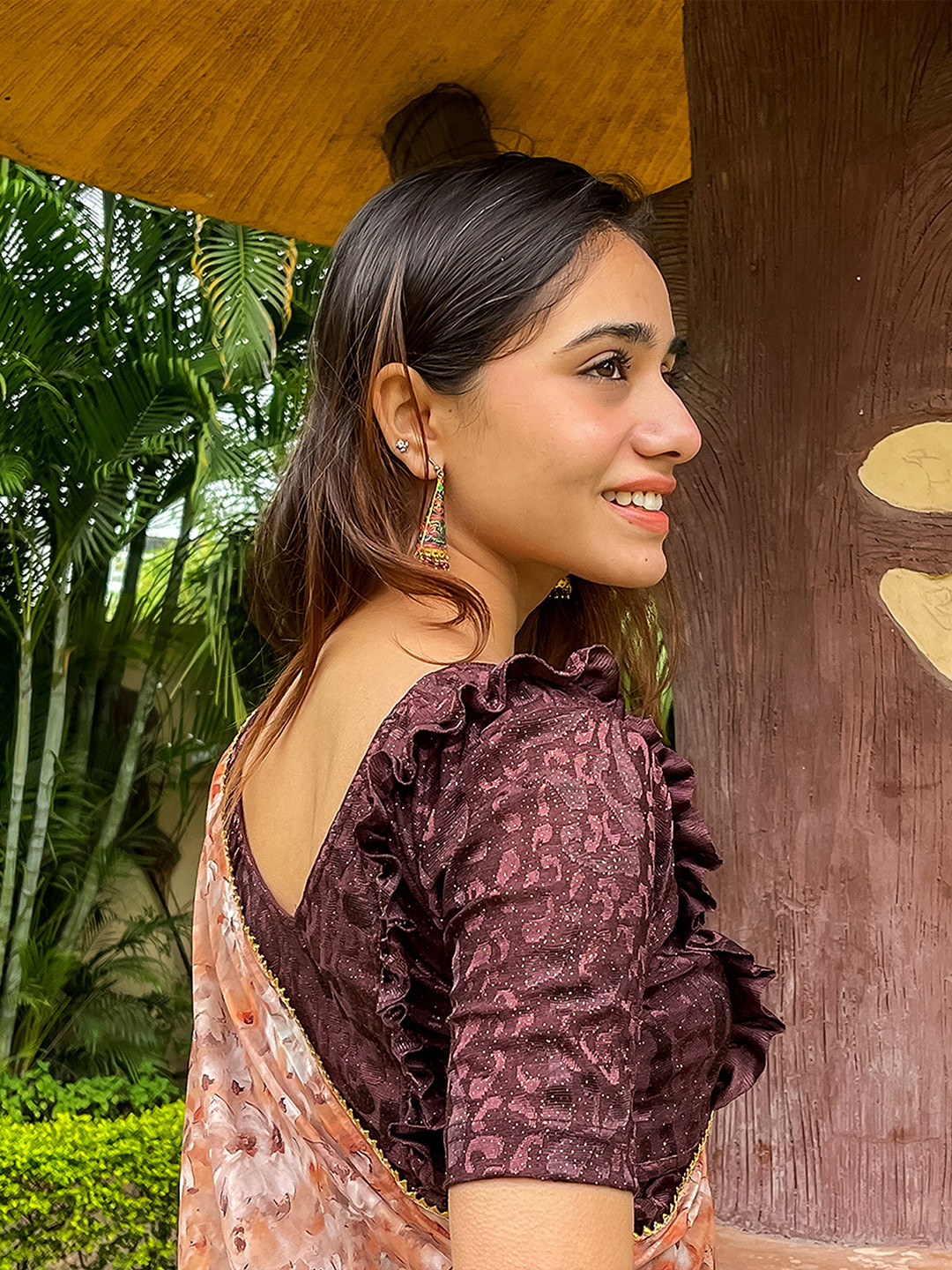 Bindigasm's Advi Paisley Woven Design Puff Sleeves Ruffles Jacquard Stretchable Blouse