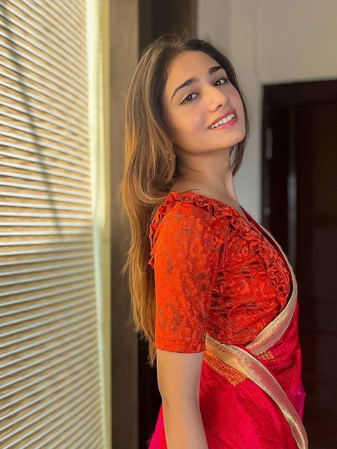 Bindigasm's Advi Woven Design Ruffles Detailed Stretchable Jacquard Saree Blouse