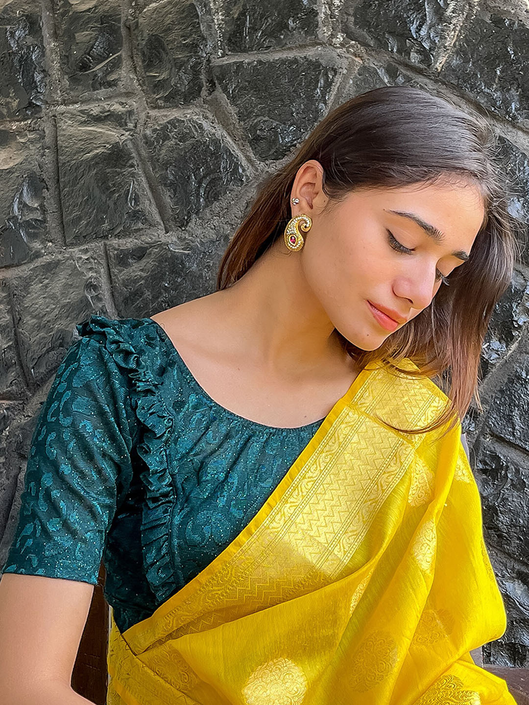 Bindigasm's Advi Woven Design Ruffles Detailed Stretchable Jacquard Saree Blouse