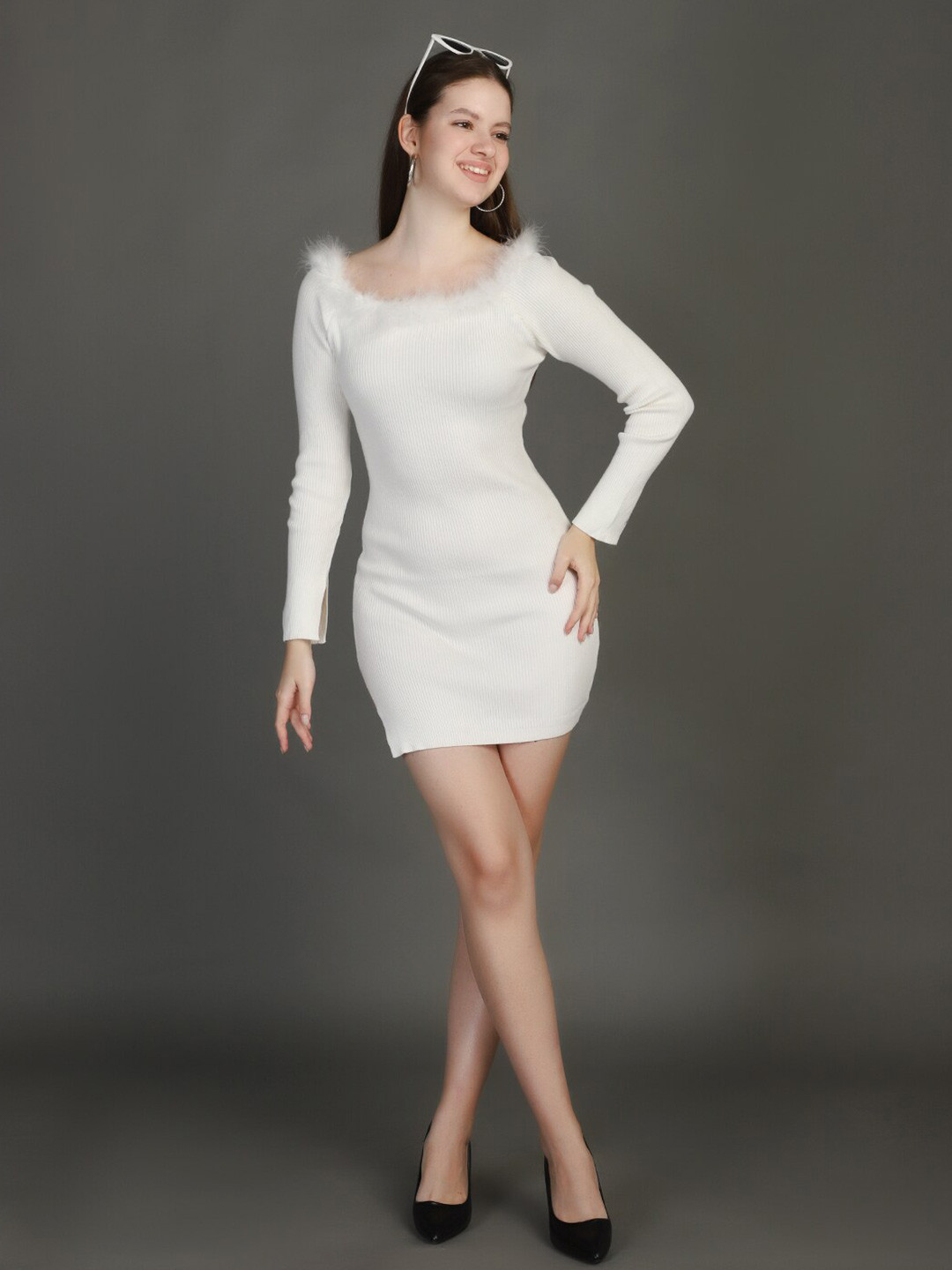 Chemistry Boat Neck Fringed Woollen Sheath Mini Dress