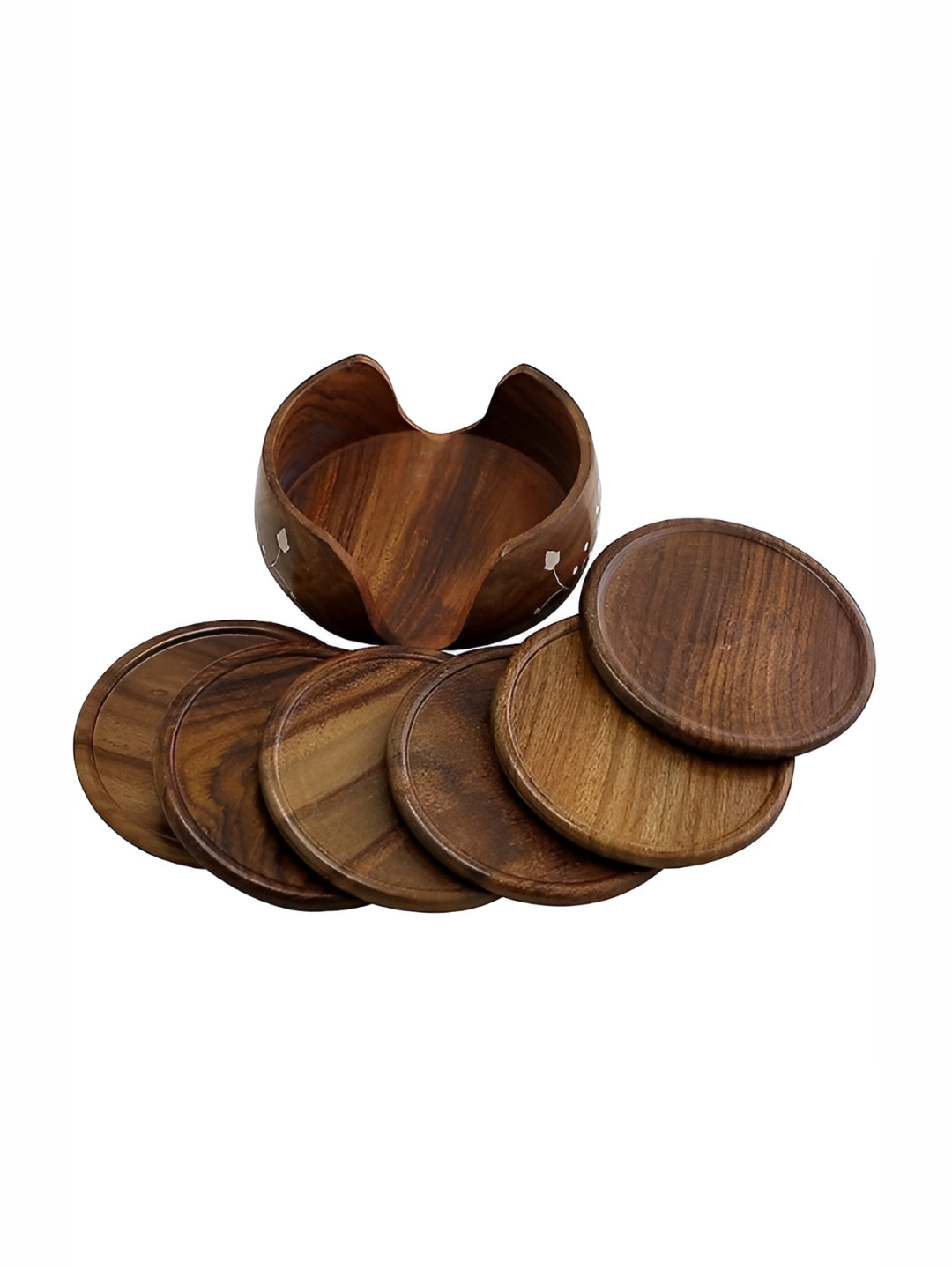 natureCRAFTS Brown 6 Pieces Carved Wooden Coasters With Stand