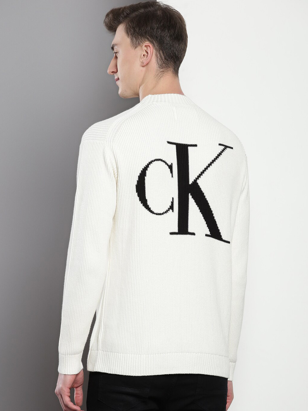 Calvin Klein Jeans Typography Printed Turtle Neck Ribbed Pure Cotton Pullover