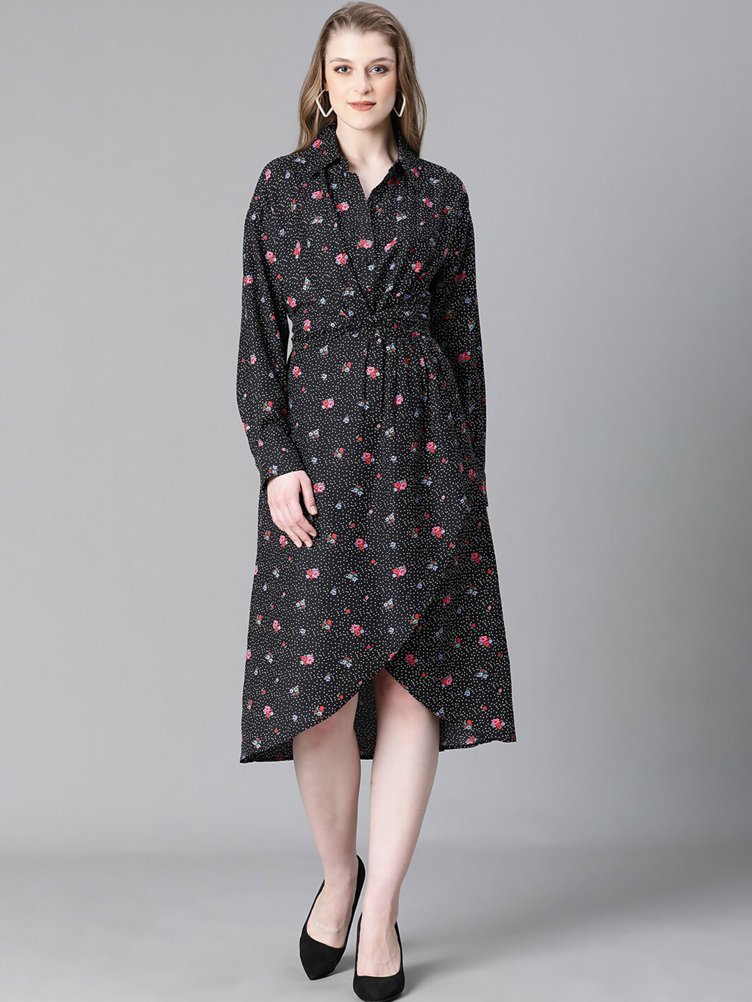 Oxolloxo Floral Printed Shirt Collar Cuffed Sleeves Overlapped Belted Wrap Tulip Dress