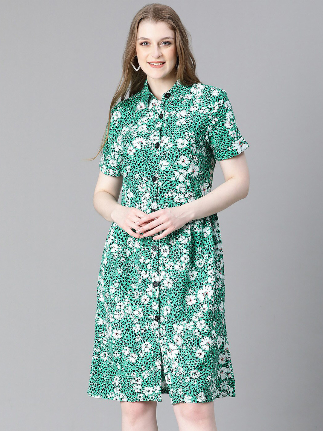 Oxolloxo Floral Printed Shirt Collar Organic Cotton Shirt Dress
