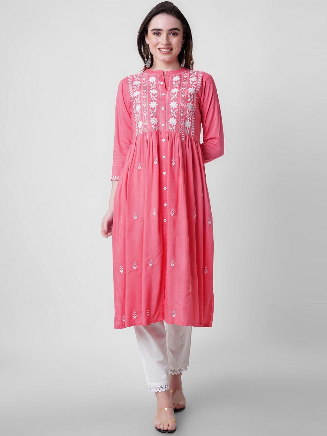 PURVIJA KURTIES Floral Embroidered Mandarin Collar Kurta
