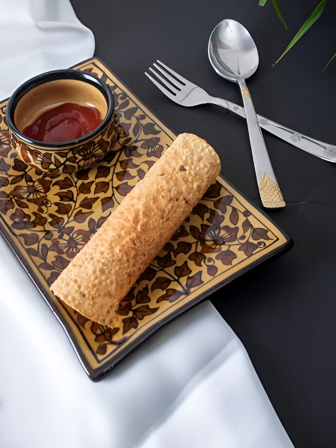 caffeine Brown & Black 2 Pieces Ceramic Microwave Safe Plate With Dip Bowl