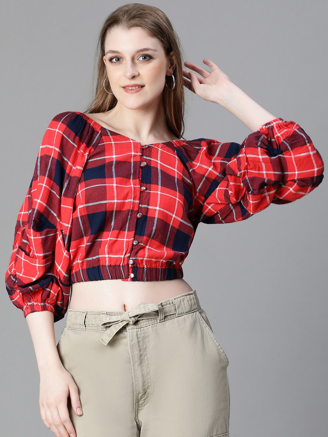 Oxolloxo Checked Organic Cotton Blouson Crop Top