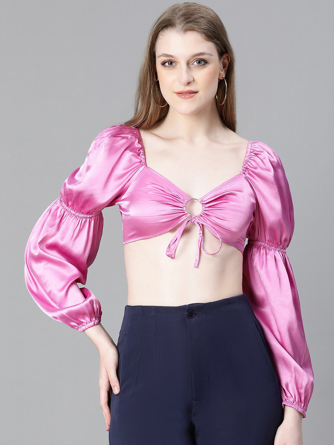 Oxolloxo V-Neck Bralette Tie Up Detail Satin Crop Top