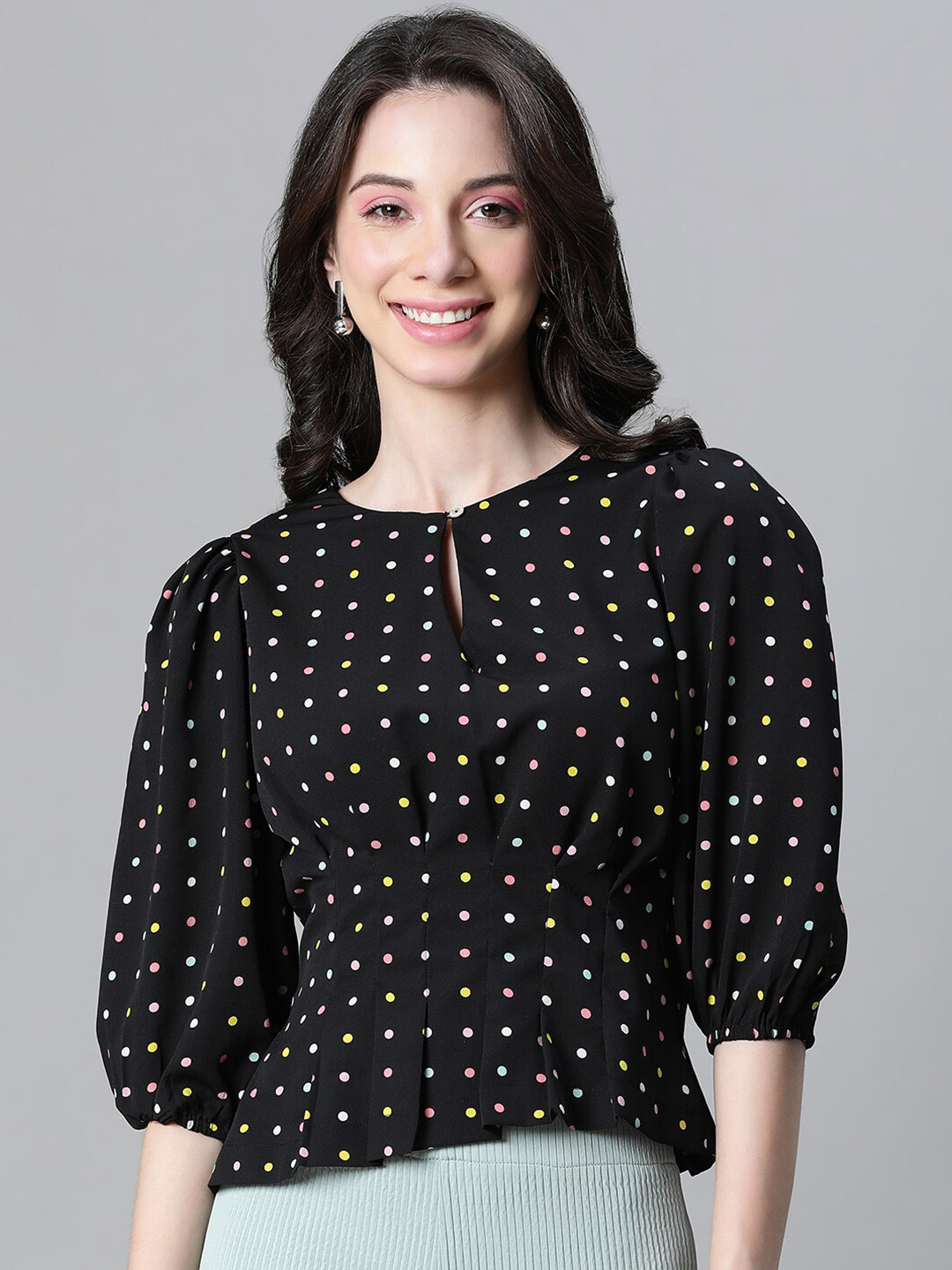 Oxolloxo Black & Black Polka Dot Print Keyhole Neck Blouson Top