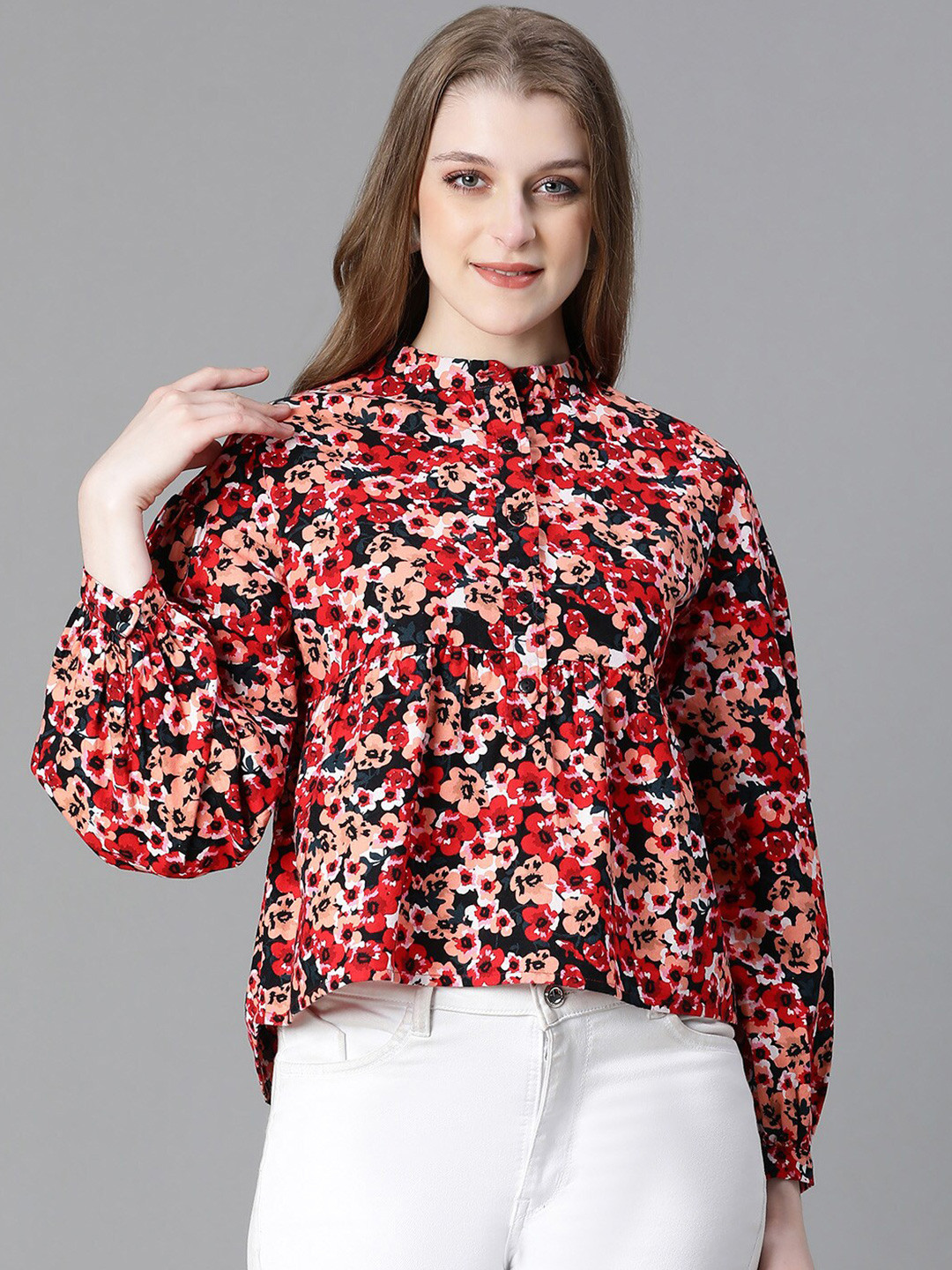 Oxolloxo Floral Printed High Neck Puff Sleeves Cotton Top