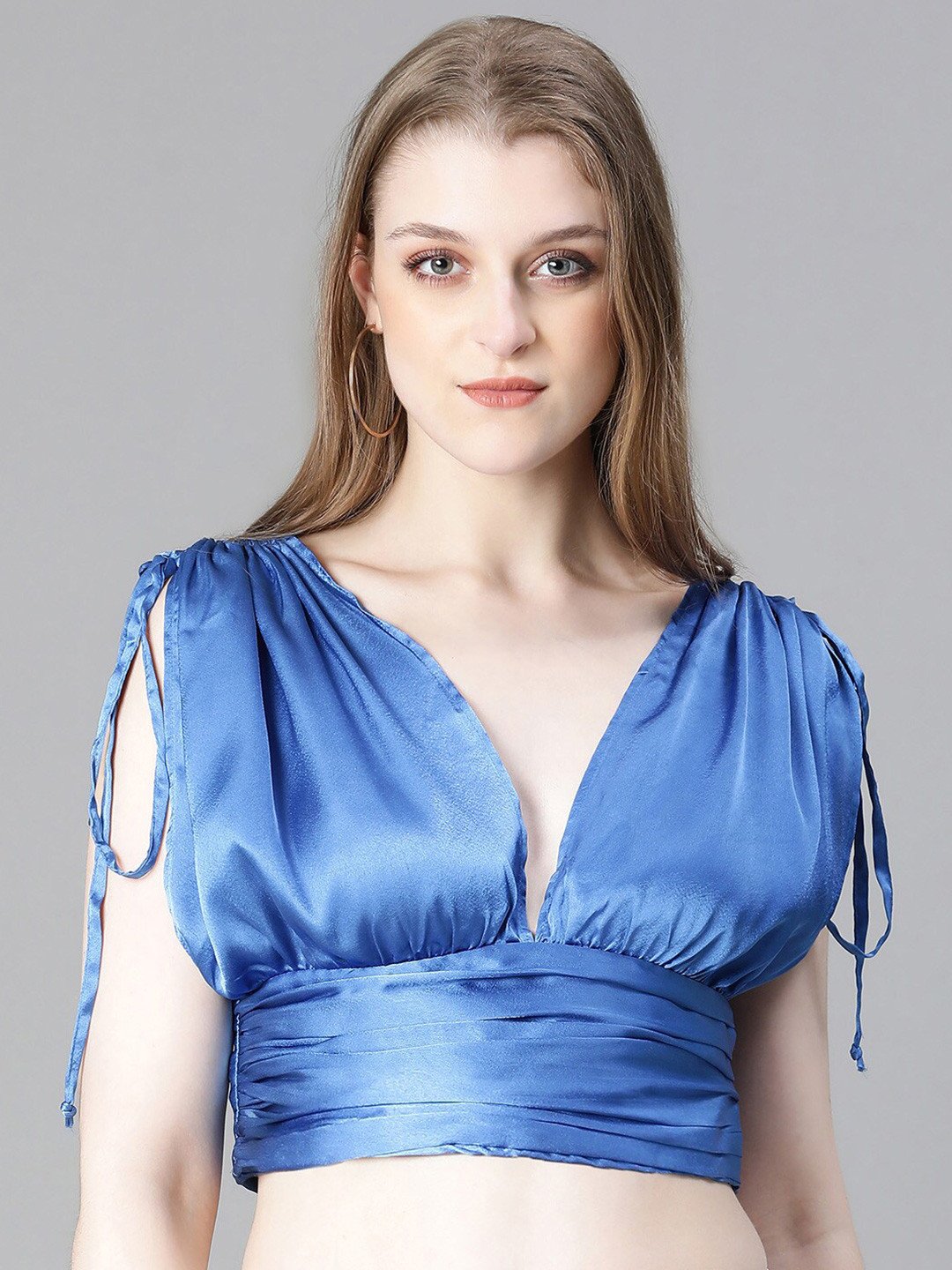 Oxolloxo V-Neck Satin Crop Blouson Top