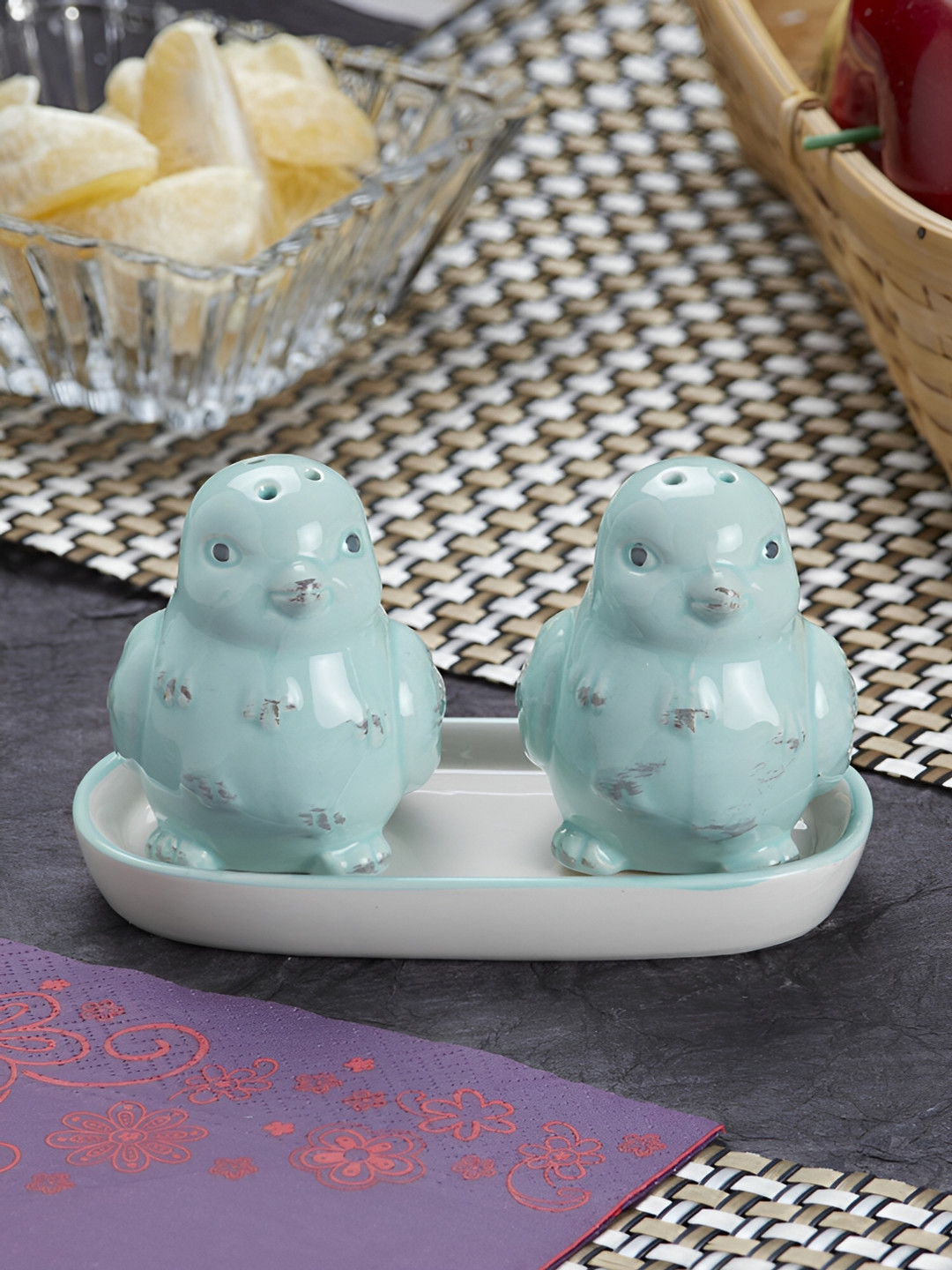Kookee Blue Ceramic Salt & Pepper Container with tray