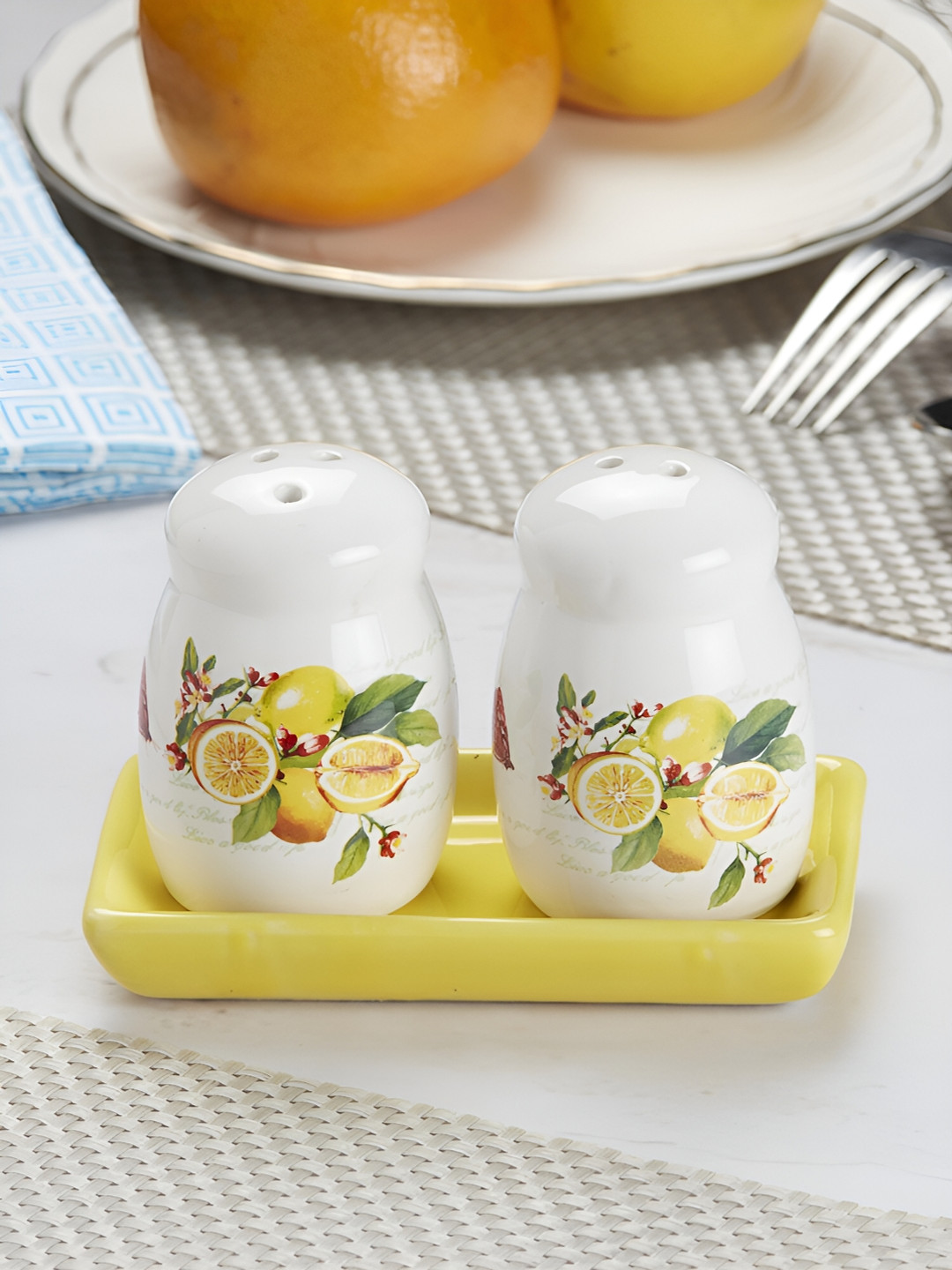 Kookee White & Yellow Printed Salt & Pepper Set With Tray
