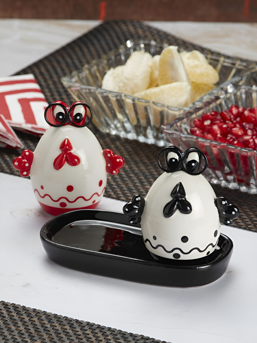 Kookee Black & Red Ceramic Salt & Pepper Containers with tray
