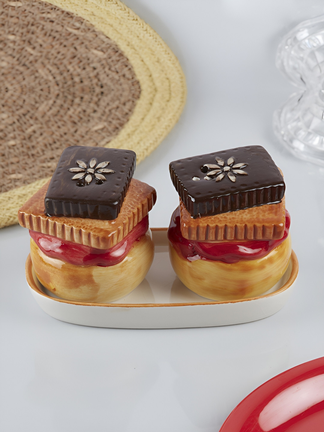 Kookee Brown 3 Pieces Ceramic Salt Pepper Container Set With Tray