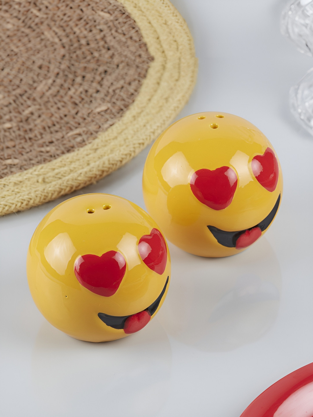 Kookee Yellow & Red Ceramic Salt Pepper Container Set With Tray