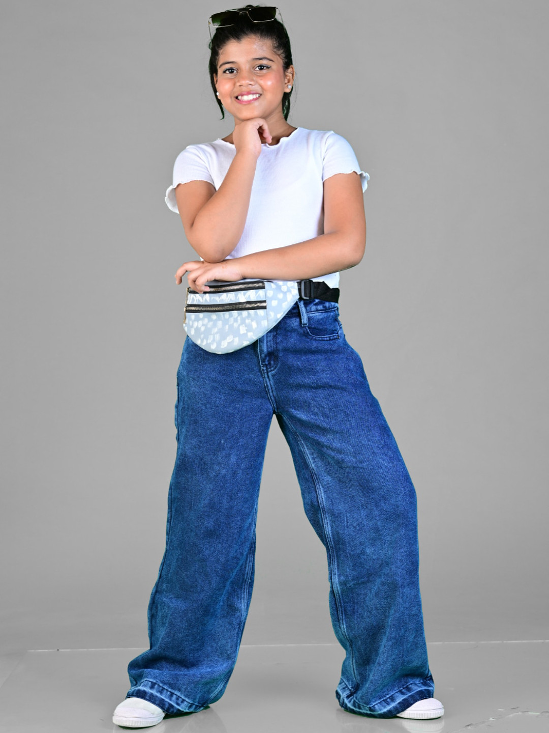 Knit N Knot Girls Wide Leg High-Rise Clean Look Stretchable Cotton Jeans