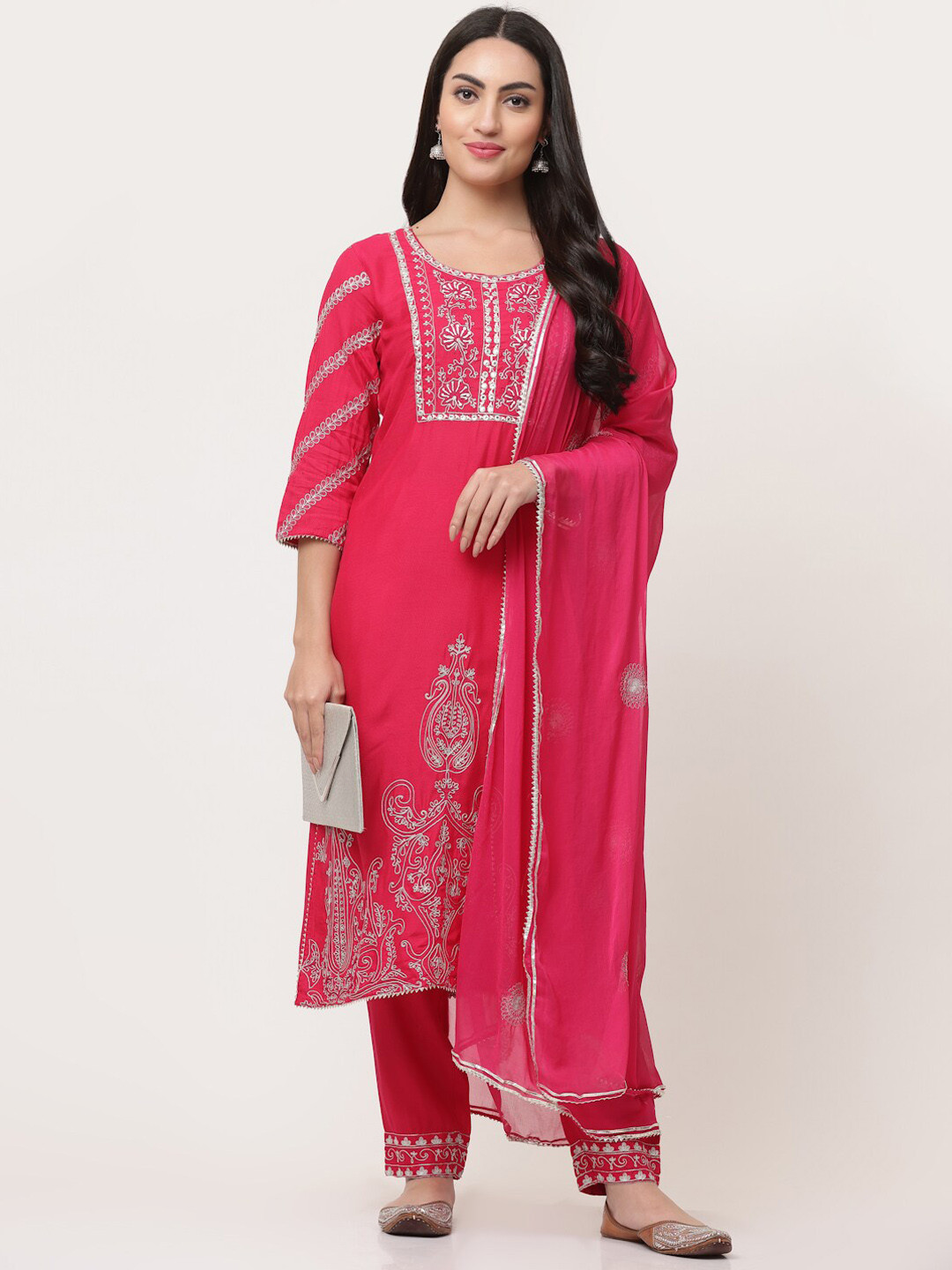 SAVI Pink Embroidered Kurta & Trousers Set With Dupatta