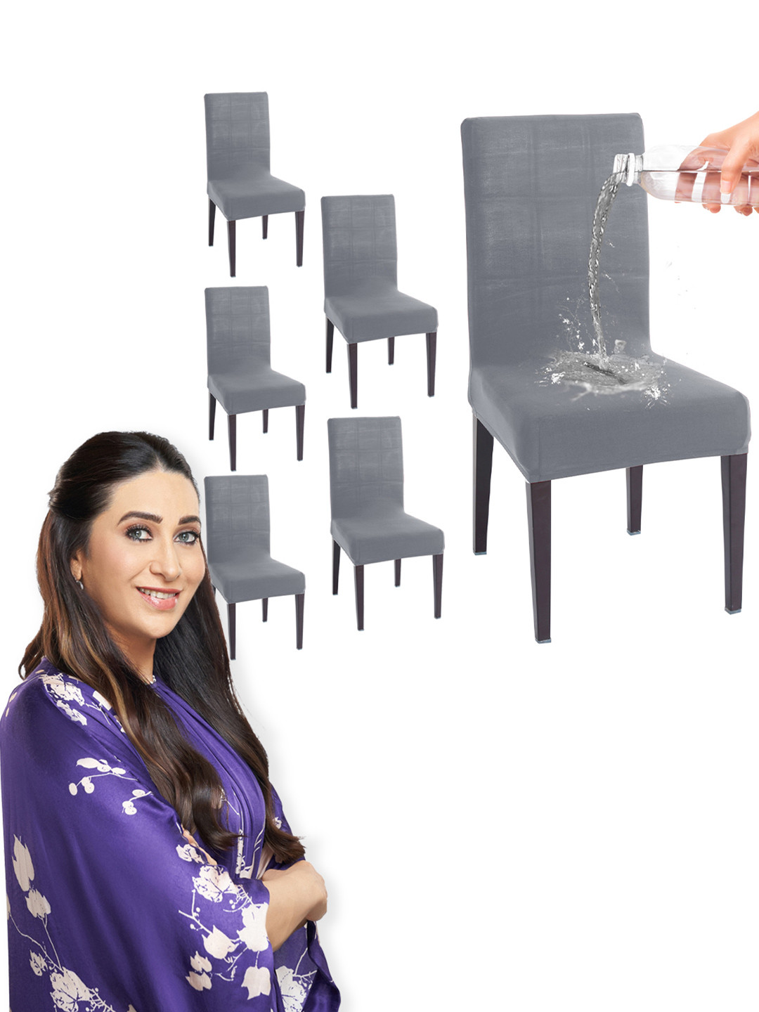 HOKIPO 6 Pcs Grey Water-Resistant Stretchable Chair Covers