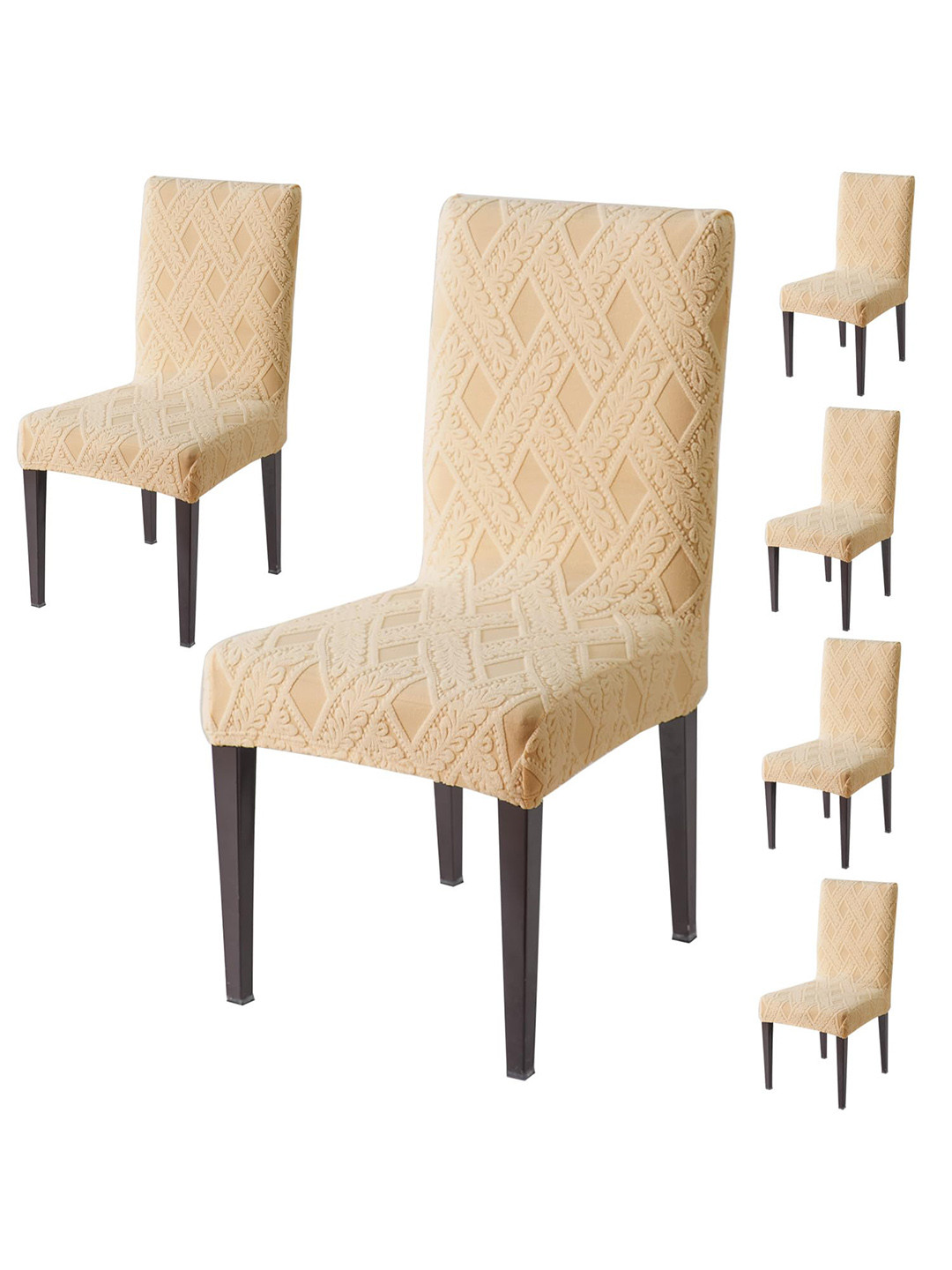 HOKIPO 6 Pcs Beige Jacquard 190 GSM Stretchable Chair Covers