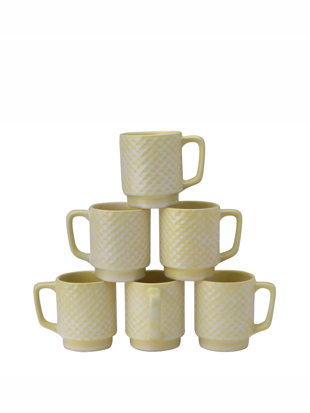 BODHI HOUSE Designer Yellow Checkered Ceramic Handmade 6 Piece Mugs-275ml