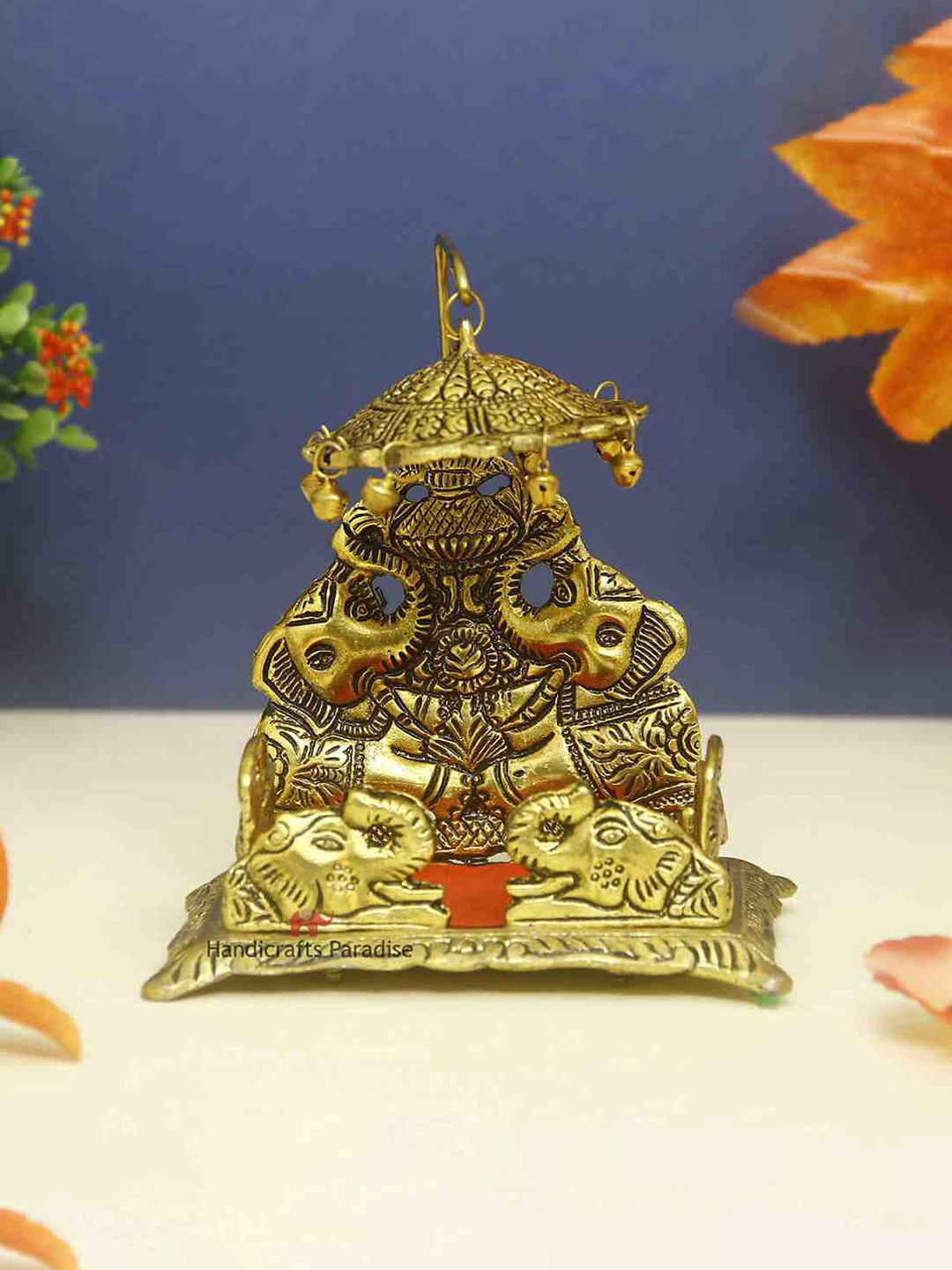HANDICRAFTS PARADISE Gold Toned Elephant Designed Antique Singhasan Chowkie