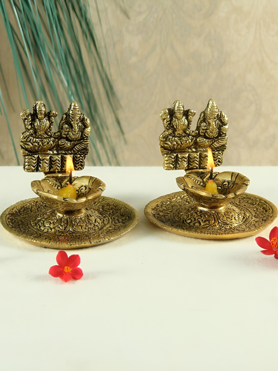 HANDICRAFTS PARADISE Gold Toned 2 Pcs Lakshmi Ganesh Designed Antique Metal Pooja Diyas