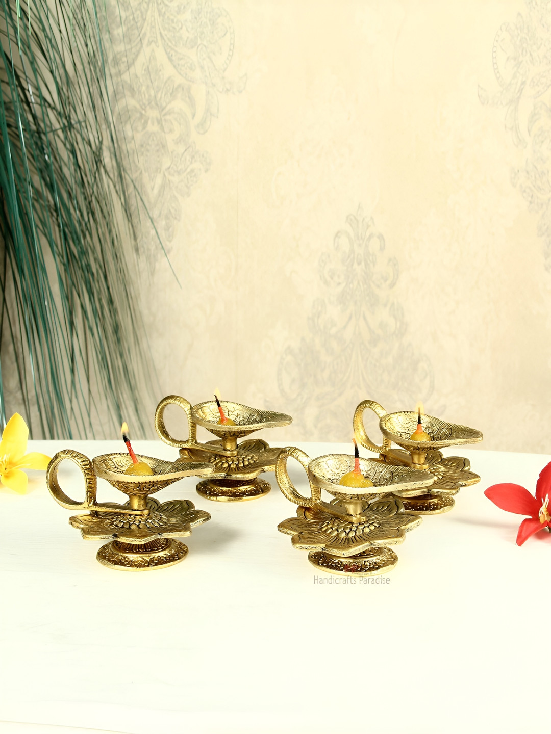 HANDICRAFTS PARADISE 4-Pcs Gold Toned Chirag Shaped Diyas