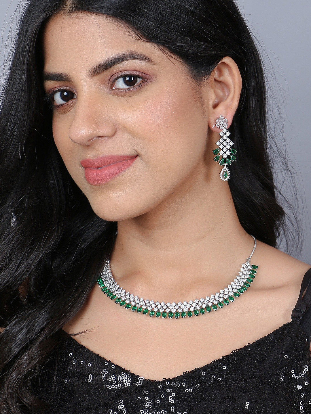 Adwitiya Collection Silver-Plated AD Stone-Studded Jewellery Set