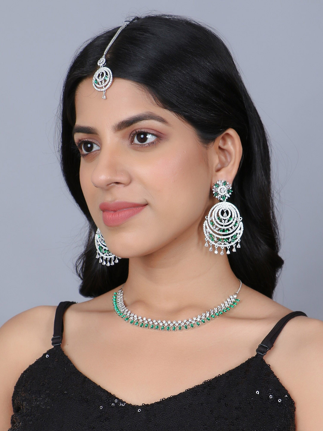Adwitiya Collection Rhodium Plated AD Studded Necklace & Earrings Maang Tika