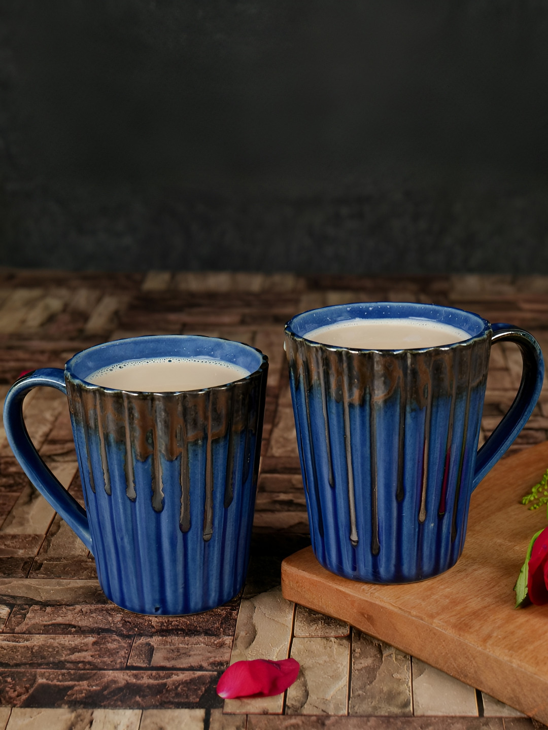 ARTYSTA BEAUTIFYING LIVES Glazed Belly Blue Striped Ceramic Handmade 2 Piece Mugs-300ml