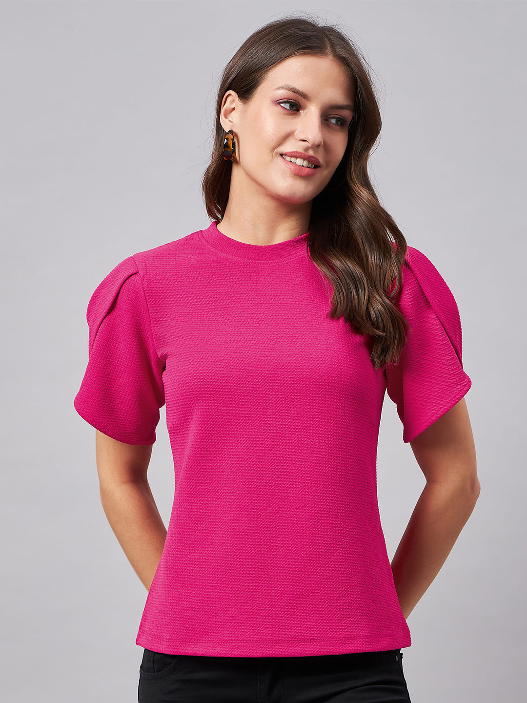Style Quotient Fuchsia Textured Puff Sleeves Top