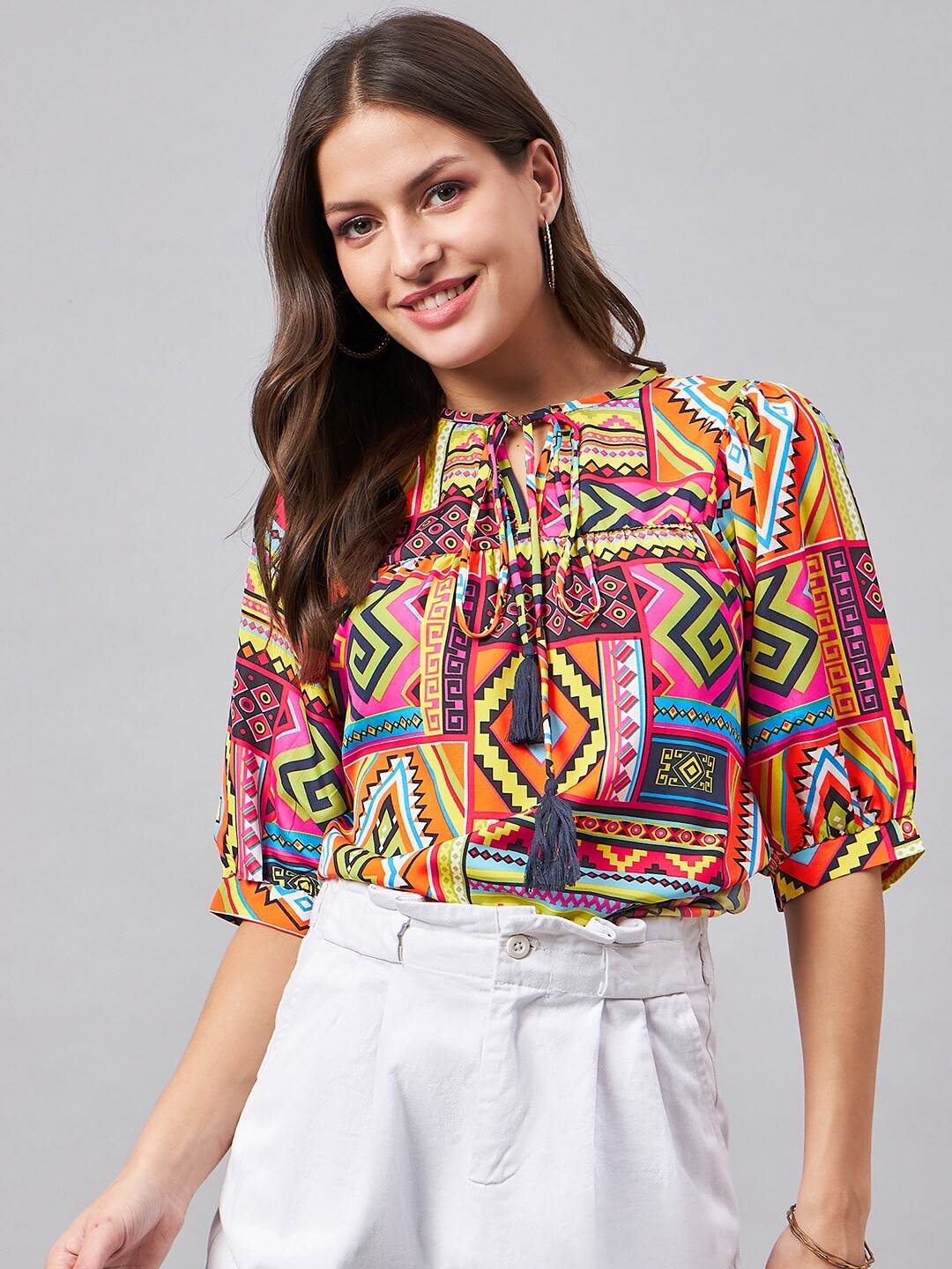 Style Quotient Yellow Printed Tie-Up Neck Puff Sleeve Top