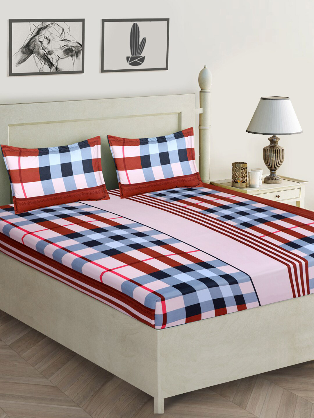 Aura Red Geometric Microfiber 152 TC Queen Bedsheet with 2 Pillow Covers-87 x 94 inches