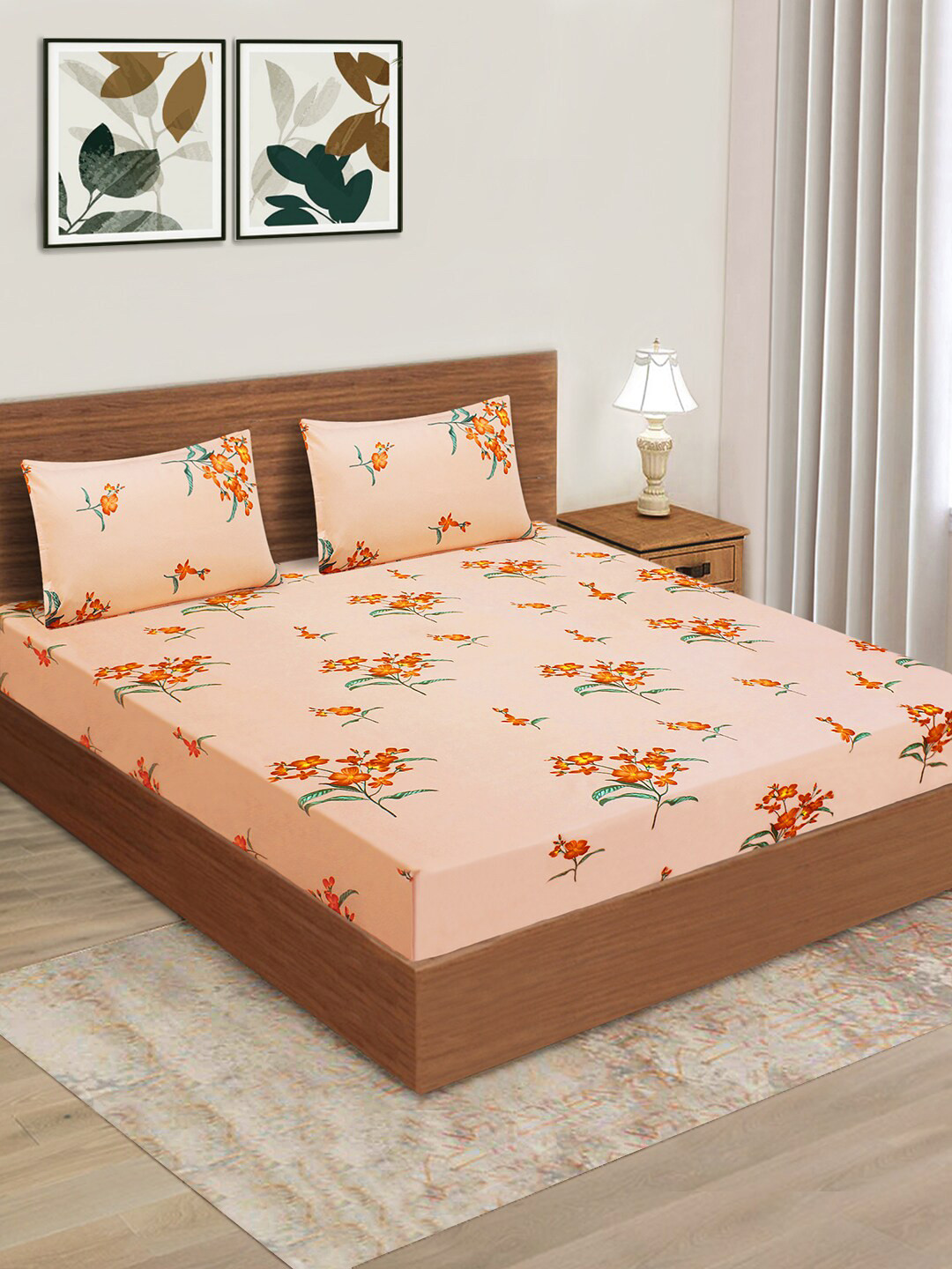 Aura Peach Floral Microfiber 160 TC Queen Bedsheet with 2 Pillow Covers-220 x 240 cm