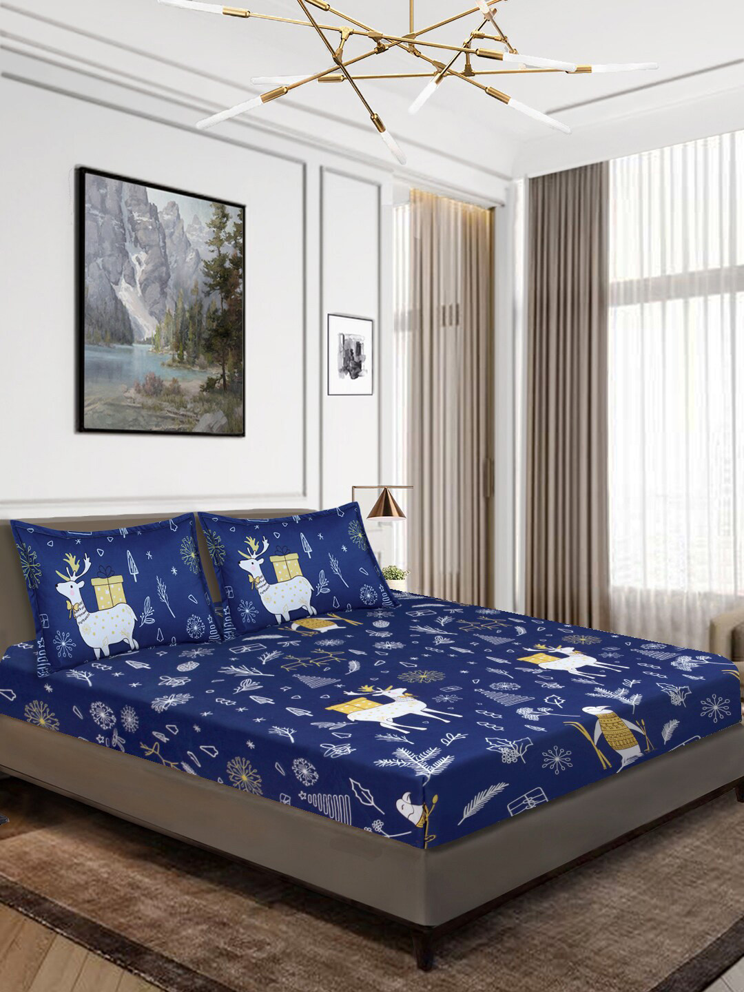 Aura Festive Season Navy Blue Graphic Microfiber 120 TC Queen Bedsheet with 2 Pillow Covers-87 x 94 inches