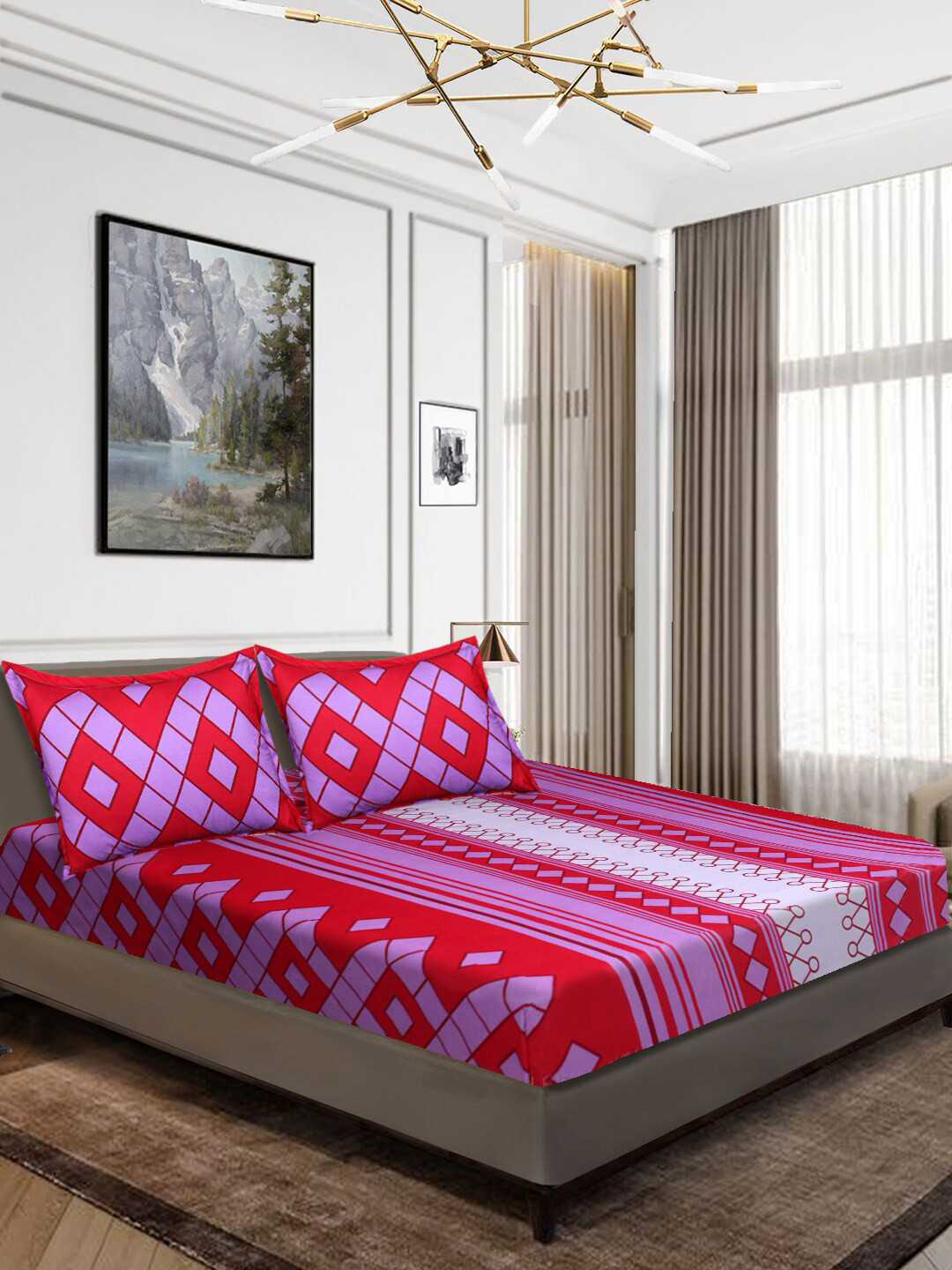 Aura Purple Geometric Microfiber 152 TC Queen Bedsheet with 2 Pillow Covers-220 x 240 cm
