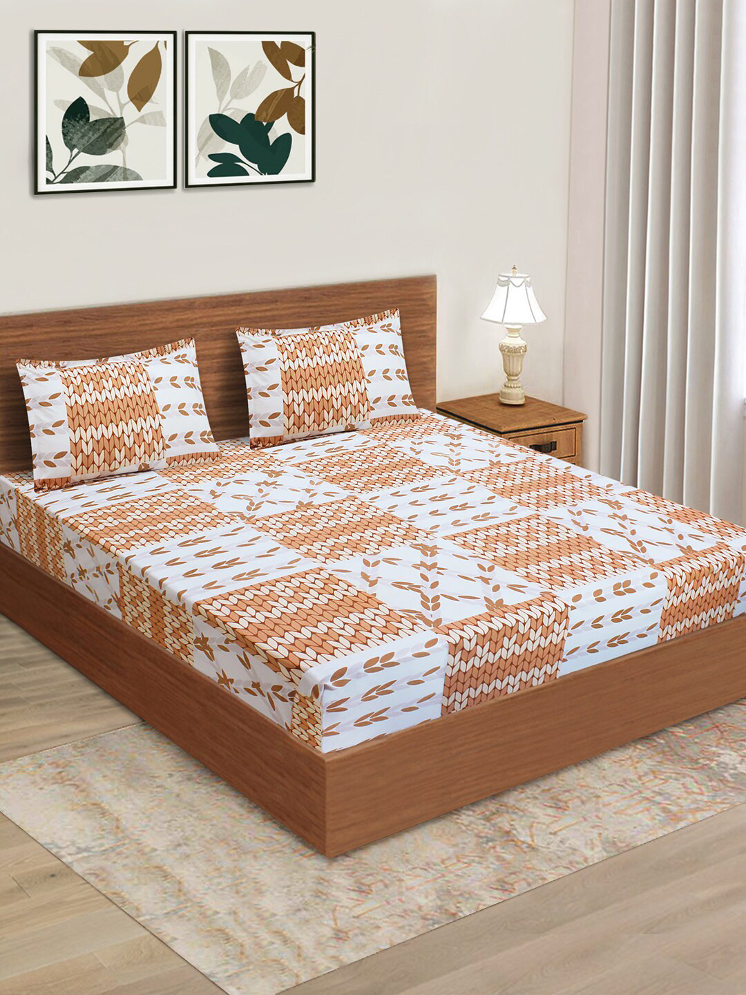 Aura White Leaf Microfiber 160 TC Queen Bedsheet with 2 Pillow Covers-100 x 87 inches