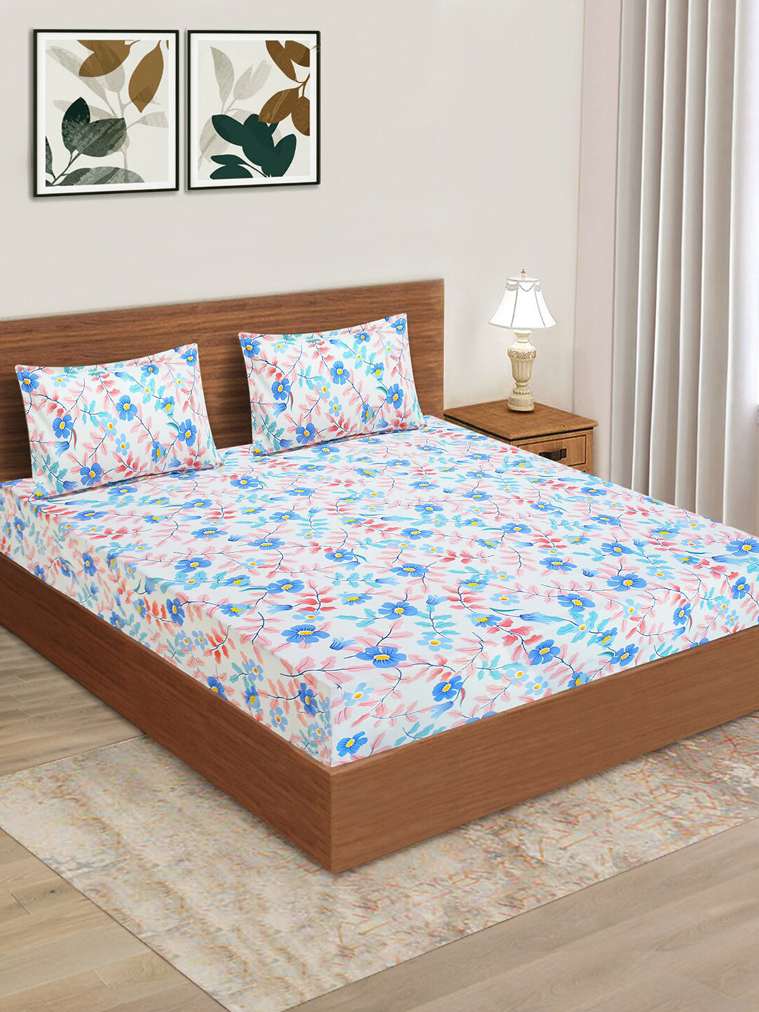 Aura White Floral Microfiber 160 TC Queen Bedsheet with 2 Pillow Covers-254 x 222 cm